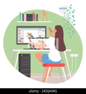 Vector graphic art design, female artist in office Stock Vector
