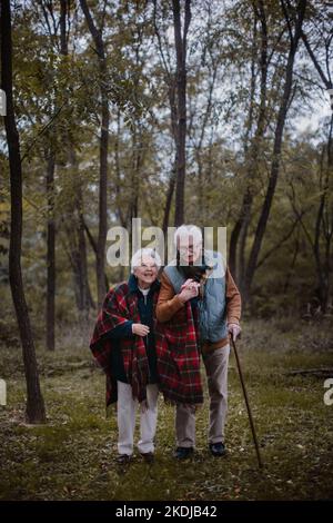 Senior couple walking together in autumn forest. Stock Photo