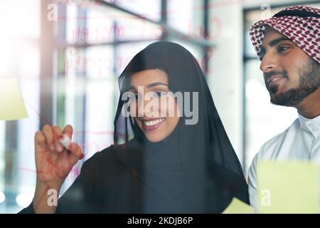 Behind a great plan is a great brainstorming session. two muslim colleagues having a brainstorming session at work in a modern office. Stock Photo