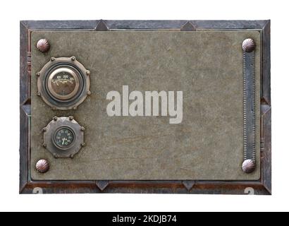 Metallic rectangular frame with vintage metal details and retro rivets. Isolated on white background. Mock up template. Copy space for text. Can be us Stock Photo
