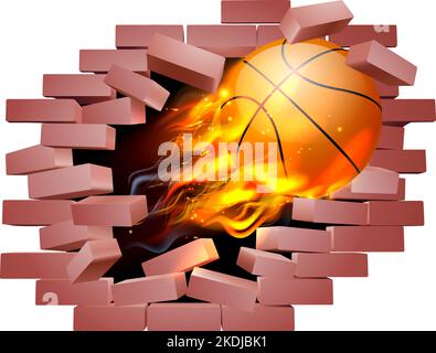 Basketball Ball Flame Fire Breaking Brick Wall Stock Vector