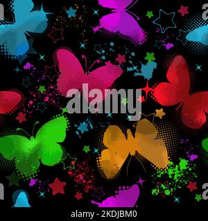 Seamless pattern colored watercolor butterflies on a black background. Vector illustration Stock Vector