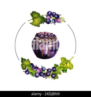 Glass jar with blackcurrant jam in a round frame. Watercolor illustration. For labels, packaging and banners. For textiles, prints and stickers, menus Stock Photo