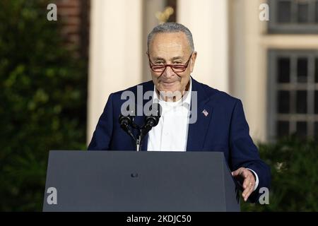 Bronxville, New York, USA. 6th Nov, 2022. Senator Charles Schumer speaks during campaign stop for Governor Kathy Hochul with President Joseph Biden Jr. at Sarah Lawrence College in Bronxville. Rally was attended by more than thousand of participants. Many elected officials spoke during the rally including both Senators from the state Charles Schumer and Kirsten Gillibrand, State Attorney General Letitia James, State Comptroller Thomas DiNapoli, Representative Jamaal Bowman and others. (Credit Image: © Lev Radin/Pacific Press via ZUMA Press Wire) Stock Photo