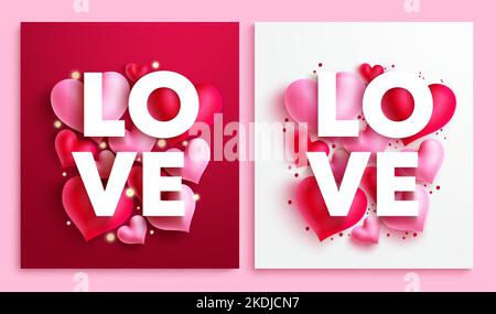 Valentine's card vector set design. Love text in 3d hearts decoration with red and white background for romantic occasion greeting and messages. Stock Vector