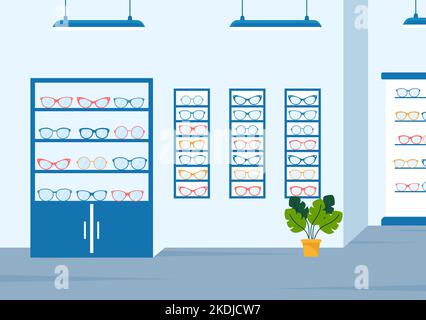 Eye Glasses Store or Optical Shop with Accessories, Optician, Checking Vision and Eyeglasses in Flat Cartoon Hand Drawn Templates Illustration Stock Vector