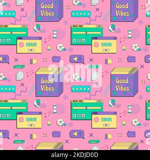 Vaporwave UI and UX elements seamless pattern. PC retro game frame. Nostalgic style 70s, 80s, 90s Stock Vector