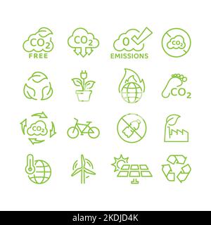 Zero emissions, carbon footprint reduction vector icon set. Ecology, environment outline icons. Stock Vector