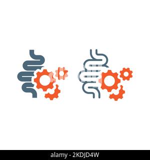Bowes with gear cogwheels vector icon. Small intestines with gears filled symbol. Stock Vector