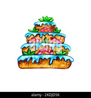 Cake art watercolor birthday cake close-up isolated on white background, for children's illustrations, design, packaging. Stock Photo