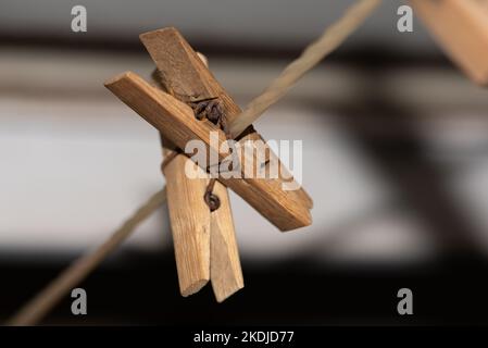 A line of old wooden clothes pegs on a nylon washing line with rusty metal springs make an attractive arrangement against a dark and creamy background Stock Photo