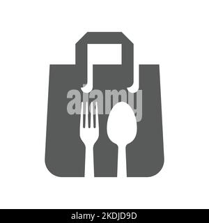 Food delivery black vector icon. Take away, take out shopping bag with spoon and fork filled symbol. Stock Vector