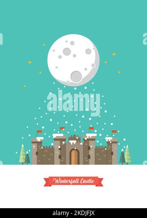 Castle in winter season poster. Vector illustration Stock Vector