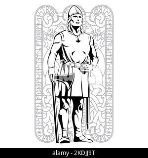 Viking design. Old Norse warriors with axe and sword Stock Vector