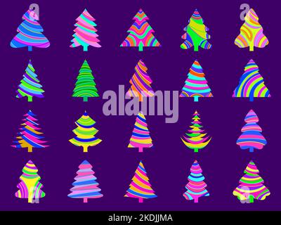 Caramel candy Christmas tree icons set. Multi-colored Christmas trees in the style of Christmas sweets. Design for banners, posters and greeting cards Stock Vector