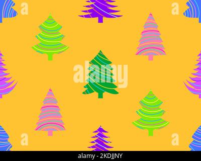 Christmas trees with striped pattern seamless pattern. Merry Christmas and Happy New Year. Christmas trees on an orange background. Festive design for Stock Vector