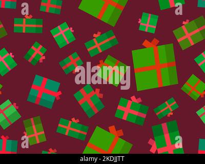 Gifts boxes seamless pattern. Green gift boxes with bows on red background. Xmas presents design for greeting cards, wrapping paper, banners and promo Stock Vector