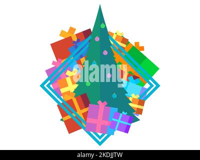 Merry Christmas. Christmas tree with gifts in a frame on a white background. Pile of gifts with bows. Xmas design for greeting card, invitation and ba Stock Vector