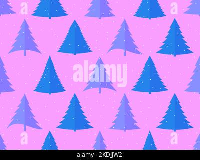 Seamless pattern with Christmas trees in a flat style. Blue Christmas trees on a purple background. Falling snowflakes. Festive design for wallpapers Stock Vector