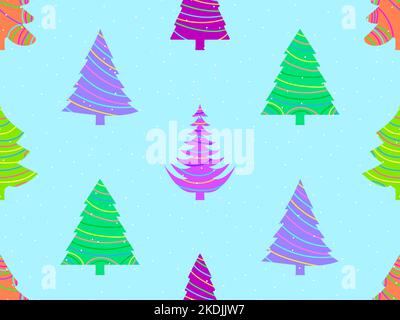 Christmas seamless pattern with fir trees and falling snow. Merry Christmas and Happy New Year. Christmas trees with a striped pattern. Festive design Stock Vector