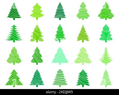 Set of Christmas trees icons. Green contours of Christmas trees with a striped pattern. Pines and firs in modern style. Tree design for banners, poste Stock Vector