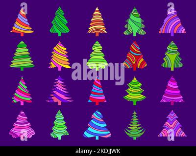 Christmas trees icons set. Multi-colored Christmas trees with a pattern. Pine and spruce trees in a bright modern style. Tree design for banners, post Stock Vector