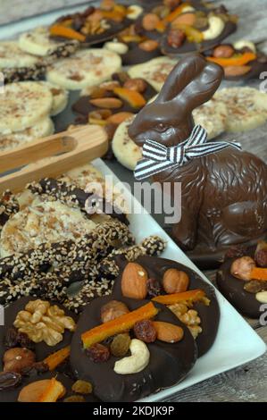 Easter chocolates, beggars, white chocolates, chocolate bunnies and other treats Stock Photo