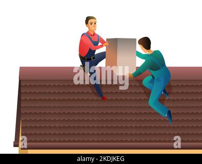 Workers work on roof. Two workers are repairing stove chimney on roof. Cleaning soot in the fireplace. Service illustration Isolated on white Stock Vector