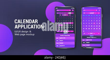 Calendar Mobile App Mockup with gradient colors on 3D smartphone Stock Vector