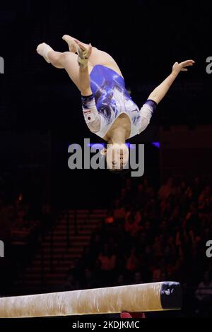 Liverpool, Britain. 6th Nov, 2022. Watanabe Hazuki of Japan competes during the women's balance beam final at the 51st FIG Artistic Gymnastics World Championships in Liverpool, Britain, Nov. 6, 2022. Credit: Meng Dingbo/Xinhua/Alamy Live News Stock Photo