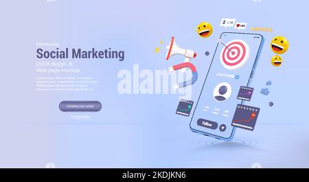 3D smartphone with elements of social networks and SMM tools to achieve goals Stock Vector