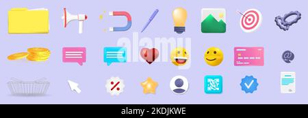 Business and social media 3D icons. Set objects for App Stock Vector