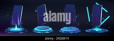 Futuristic holograms and podiums with 3D mobile phones. Mockups smartphone Stock Vector