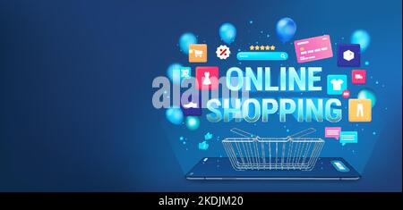 3D Mobile phone with Application, shopping cart, icons, UI App Stock Vector