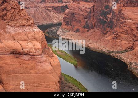 Drone Shot Of Colorado River Amidst Canyons Stock Photo