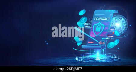 3D hologram with Smart contract and Earth Globe. Banner template Stock Vector
