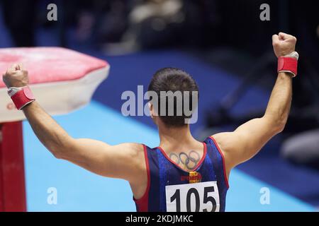 Liverpool, Britain. 6th Nov, 2022. Aurtur Davtyan of Armenia reacts during the men's vault final at the 51st FIG Artistic Gymnastics World Championships in Liverpool, Britain, Nov. 6, 2022. Credit: Meng Dingbo/Xinhua/Alamy Live News Stock Photo