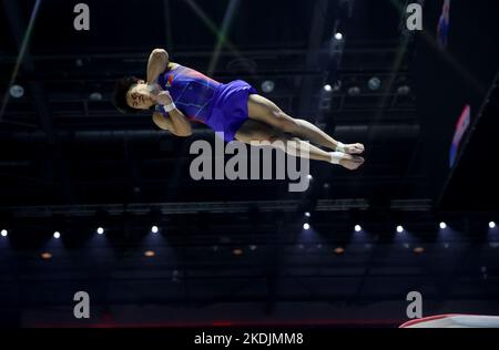 Liverpool, Britain. 6th Nov, 2022. Carlos Edriel Yulo of the Philippines competes during the men's vault final at the 51st FIG Artistic Gymnastics World Championships in Liverpool, Britain, Nov. 6, 2022. Credit: Li Ying/Xinhua/Alamy Live News Stock Photo