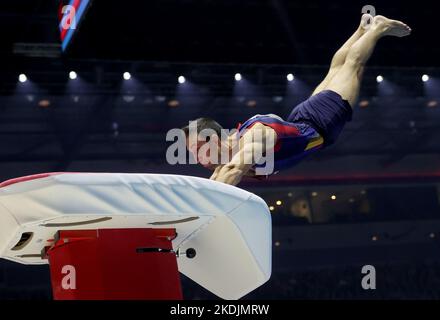 Liverpool, Britain. 6th Nov, 2022. Aurtur Davtyan of Armenia competes during the men's vault final at the 51st FIG Artistic Gymnastics World Championships in Liverpool, Britain, Nov. 6, 2022. Credit: Li Ying/Xinhua/Alamy Live News Stock Photo