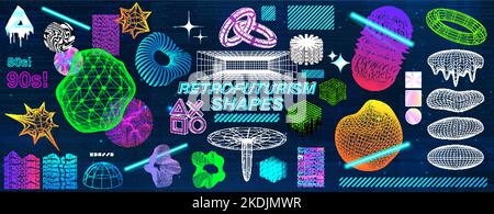 Retrowave and retrofuturistic trendy geometric shapes collection from 80s-90s Stock Vector