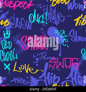 Dark Seamless graffiti and tag pattern on purple backdrop with grunge Stock Vector