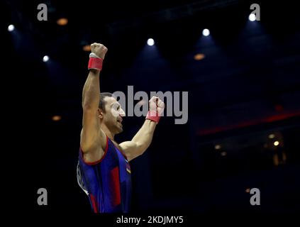 Liverpool, Britain. 6th Nov, 2022. Aurtur Davtyan of Armenia reacts during the men's vault final at the 51st FIG Artistic Gymnastics World Championships in Liverpool, Britain, Nov. 6, 2022. Credit: Li Ying/Xinhua/Alamy Live News Stock Photo