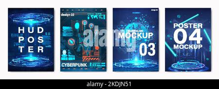 Hi-tech digital posters with futuristic elements and HUD interface Stock Vector