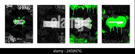 Dark Poster Graffiti set with toxic green. Street art tags covers  Stock Vector