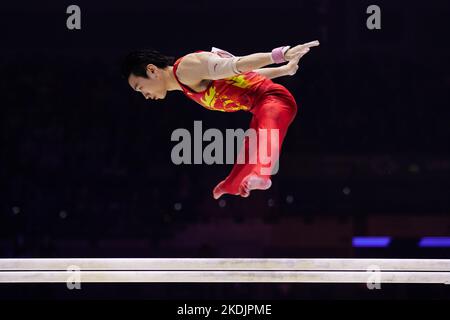 Liverpool, Britain. 6th Nov, 2022. Zou Jingyuan of China competes during the men's parallel bars final at the 51st FIG Artistic Gymnastics World Championships in Liverpool, Britain, Nov. 6, 2022. Credit: Meng Dingbo/Xinhua/Alamy Live News Stock Photo