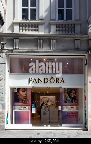 Close up view of Danish jewellery brand's store signage on Istiklal Avenue in Istanbul. Stock Photo