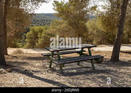 wooden picnic table in the forest, Lahav forest, Israel Stock Photo