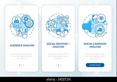 Social media research layers blue onboarding mobile app screen Stock Vector