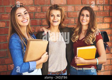 Their friendship will last long after college. Portrait of a group of smiling female university students standing together on campus. Stock Photo