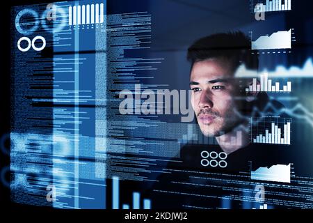 Programming requires razor-sharp focus. a focussed computer programmer working at his computer late at night. Stock Photo